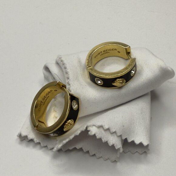 Kurt Geiger London Gold & Black Hoop Earrings with Crystal Accents - Picture 2 of 6